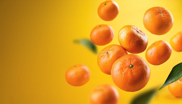 Flying mandarin oranges on a bright yellow background photo