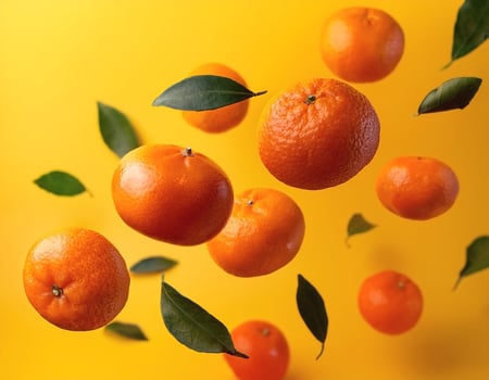 Flying mandarin oranges on a bright yellow background photo