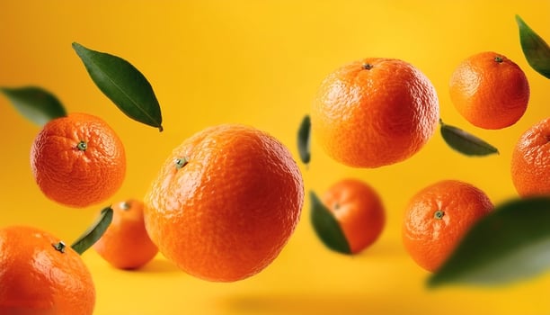 Flying mandarin oranges on a bright yellow background photo