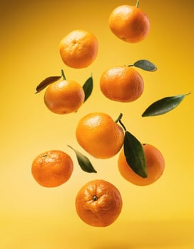 Flying mandarin oranges on a bright yellow background photo