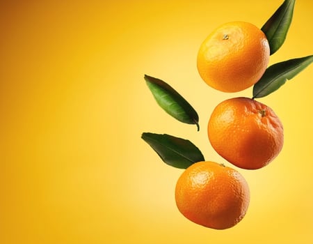 Flying mandarin oranges on a bright yellow background photo