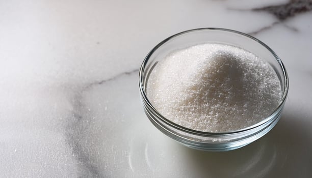 Granulated sugar in a glass bowl on a marble background photo
