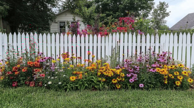 White picket fence surrounding colorful flower garden in summertime photo