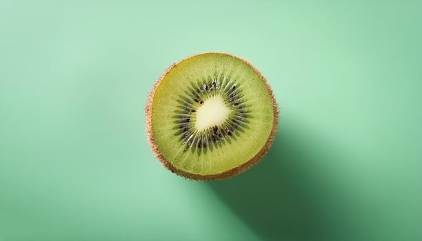 A kiwi cut in half on a mint green background photo