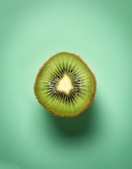 A kiwi cut in half on a mint green background photo