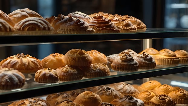 Deliciously Fresh Baked Pastry Goods on Display at Bakery Shop photo