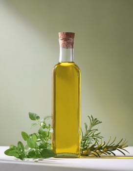 Clear olive oil bottle with fresh herbs on minimalist background photo