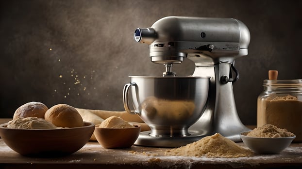 Baking Supplies With Stand Mixer Ready for Mixing Dough photo