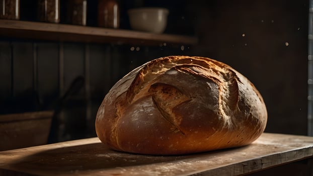 A Freshly Baked Sourdough Loaf on Wooden Shelf photo