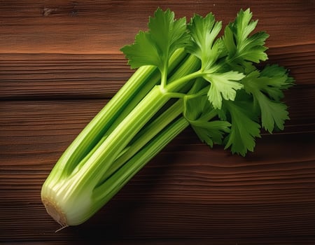 A fresh celery stalk on a wooden brown background photo