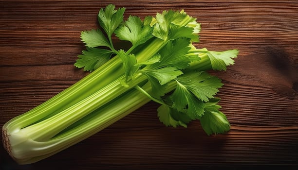 A fresh celery stalk on a wooden brown background photo