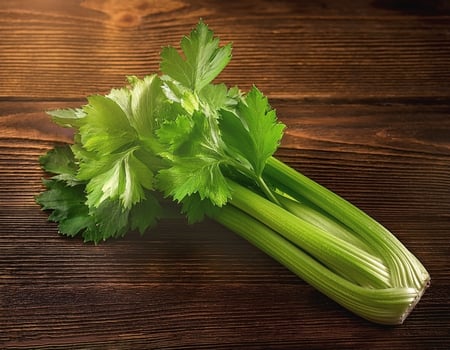 A fresh celery stalk on a wooden brown background photo