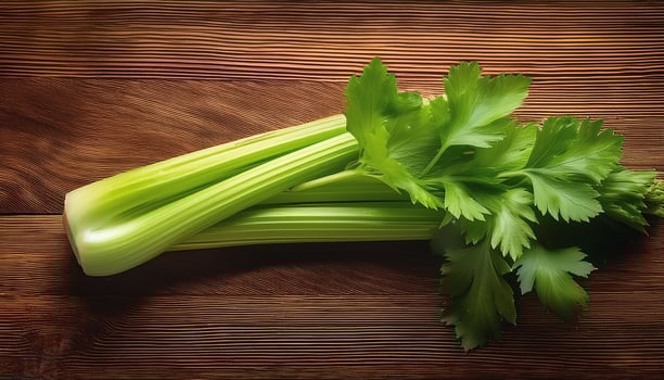 A fresh celery stalk on a wooden brown background photo