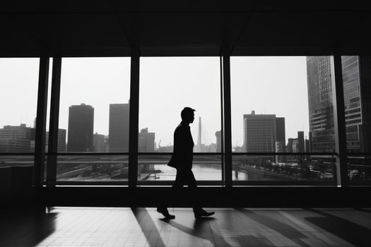 Businessman walking in modern office with cityscape view photo