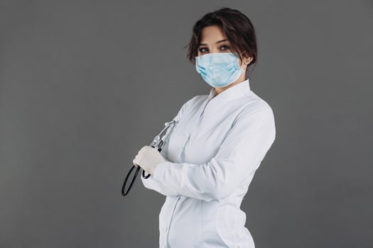 Coronavirus in Europe. Novel coronavirus 2019-nCoV, portrait of the woman doctor in blue medical face mask with copy space. Concept of covid-19 quarantine photo