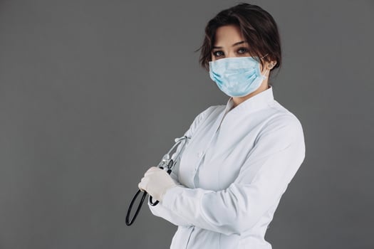 Coronavirus in Europe. Novel coronavirus 2019-nCoV, portrait of the woman doctor in blue medical face mask with copy space. Concept of covid-19 quarantine photo