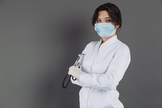 Coronavirus in Europe. Novel coronavirus 2019-nCoV, portrait of the woman doctor in blue medical face mask with copy space. Concept of covid-19 quarantine photo