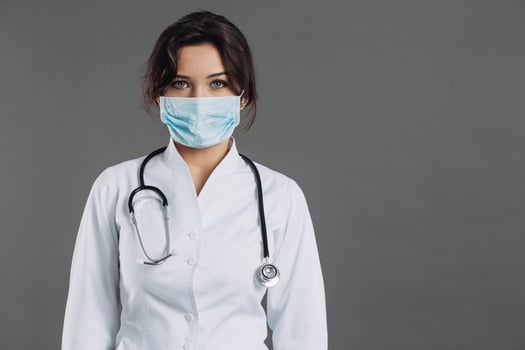Coronavirus in Europe. Novel coronavirus, portrait of the woman doctor in blue medical face mask with copy space. Concept of covid-19 quarantine photo