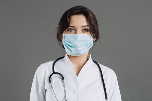Coronavirus in Europe. Novel coronavirus 2019-nCoV, portrait of the woman doctor in blue medical face mask with copy space. Concept of covid-19 quarantine photo