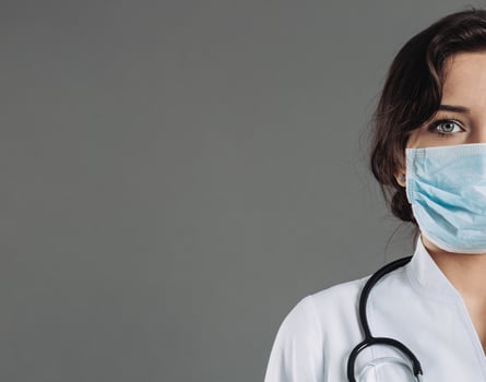 Coronavirus in Europe. Novel coronavirus 2019-nCoV, portrait of the woman doctor in blue medical face mask with copy space. Concept of covid-19 quarantine photo