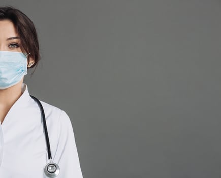 Coronavirus in Europe. Novel coronavirus 2019-nCoV, portrait of the woman doctor in blue medical face mask with copy space. Concept of covid-19 quarantine photo