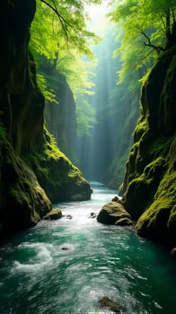Serene and Narrow River Gorge With Lush Greenery, Sunlight Filtering Through the Foliage, Highlighting the Moss Covered Rocks photo