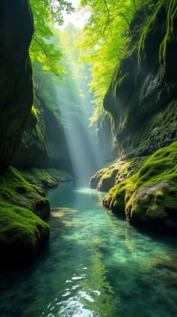 Serene and Narrow River Gorge With Lush Greenery, Sunlight Filtering Through the Foliage, Highlighting the Moss Covered Rocks photo