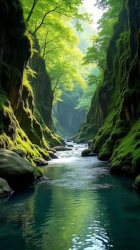 Serene and Narrow River Gorge With Lush Greenery, Sunlight Filtering Through the Foliage, Highlighting the Moss Covered Rocks photo