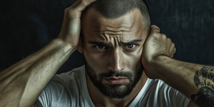 Athletic man with striking features and tattoos in a moody portrait setting photo