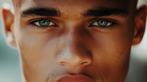 Athletic man with striking blue eyes posing outdoors during golden hour photo
