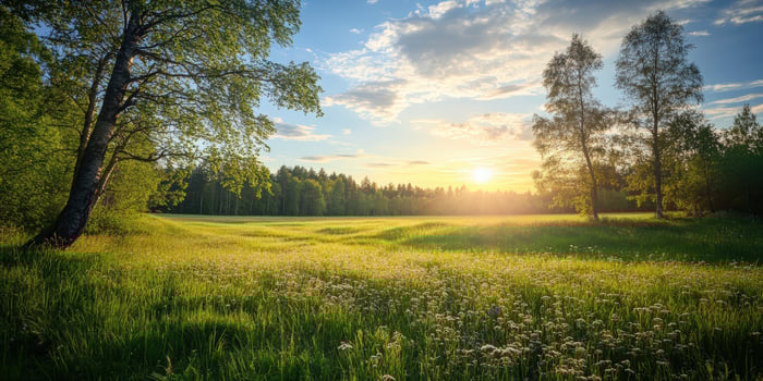 Golden sunset over a peaceful countryside landscape with lush greenery photo