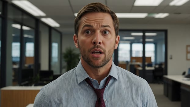 A man in an office with a surprised look on his face photo