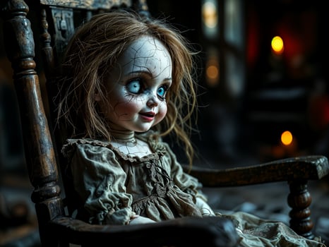 Creepy cracked doll with haunting eyes sitting in an old rocking chair in a dark, eerie room photo