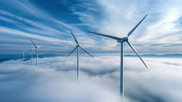 A serene landscape of wind turbines rising above a sea of clouds under a blue sky. photo