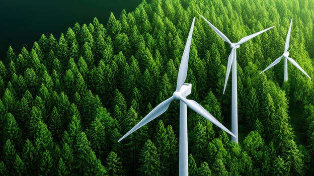 Wind turbines among lush green forests showcasing renewable energy. photo