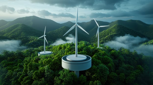 Three wind turbines on a lush green hillside amidst misty mountains. photo