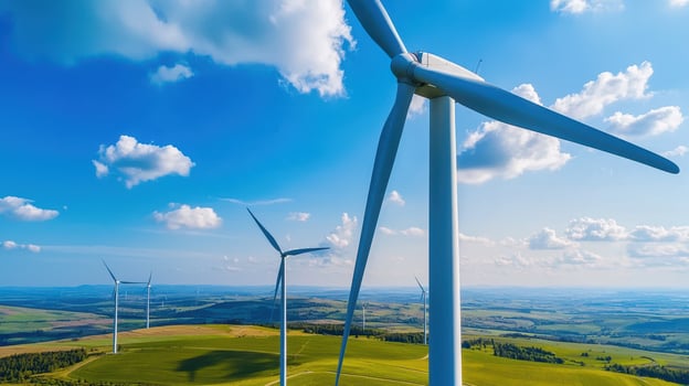 Aerial view of wind turbines against a blue sky with fluffy clouds. photo