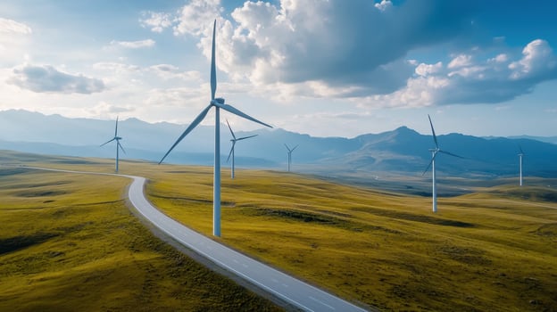 Scenic view of wind turbines in a green landscape under a blue sky. photo