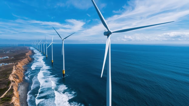 Aerial view of wind turbines along the coastline under a blue sky. photo