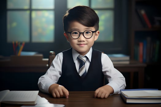 Portrait of cute Asian boy with eyeglasses sitting in school. Child in glasses learning on lesson. Vision correction in childhood photo