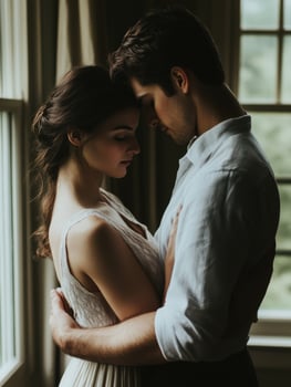 Emotional moment between a couple in a cozy indoor setting during daytime photo