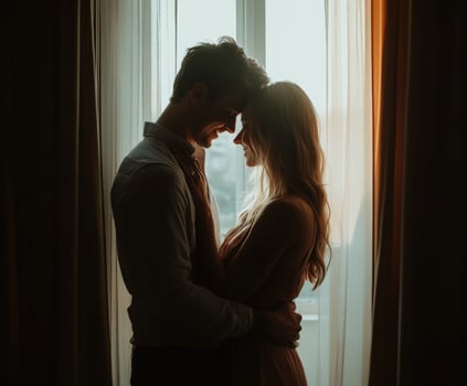 Silhouette of a couple sharing a tender moment by a sunlit window photo