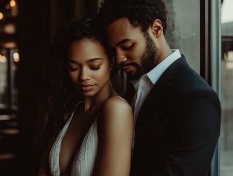Intimate moment between a couple in a stylish urban setting during evening photo