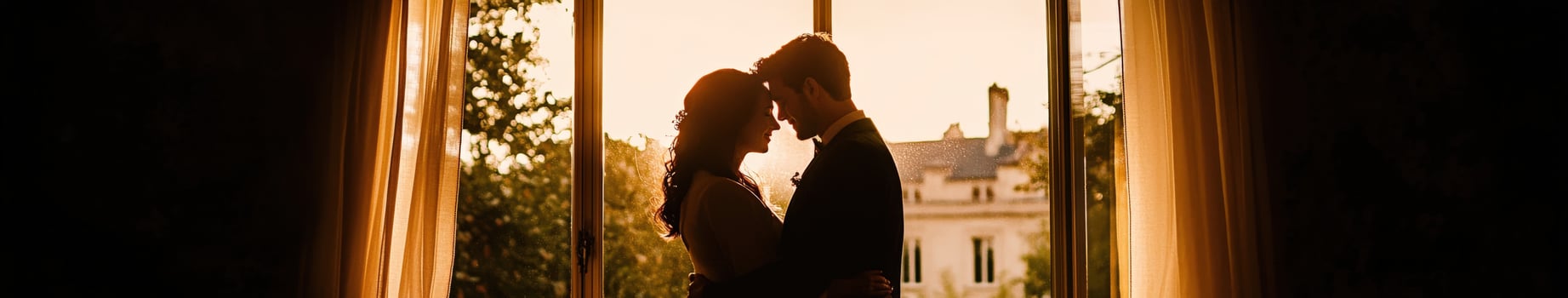 Couple sharing a romantic moment at sunset near a beautiful mansion photo