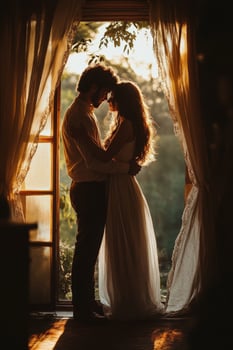 A romantic couple embraces in a sunlit doorway during golden hour photo