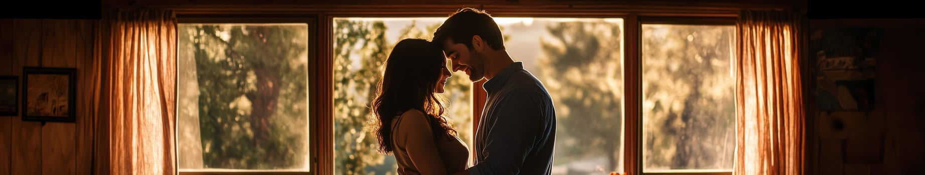 Couple embraces warmly by the window at sunset in a cozy cabin photo