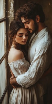 Couple embracing tenderly in a softly lit room by a window photo