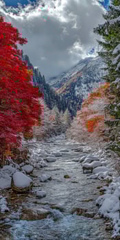 Majestic river valley with vibrant fall foliage and fresh snowfall photo