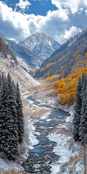 Majestic river valley nestled between snow-capped mountains in autumn photo