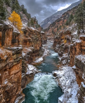 Majestic river valley with rocky cliffs and snow-covered landscape photo